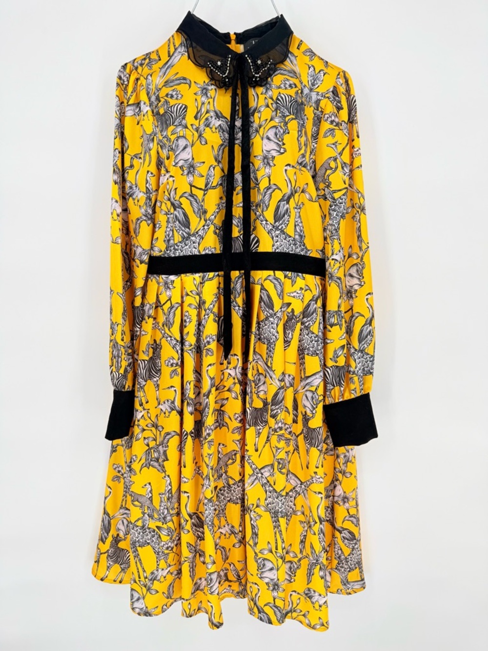 Retro Yellow Animal Safari Midi Dress Beaded Medium WhimsiGoth Academia THE MOON - Picture 2 of 16